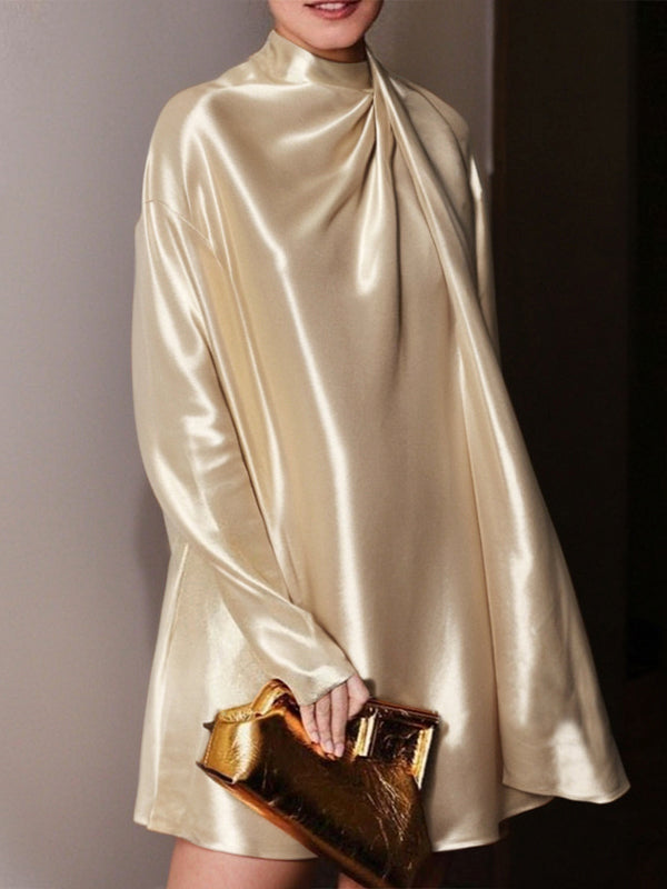 Long Sleeves Loose Shiny Solid Color High Neck Mini Dresses