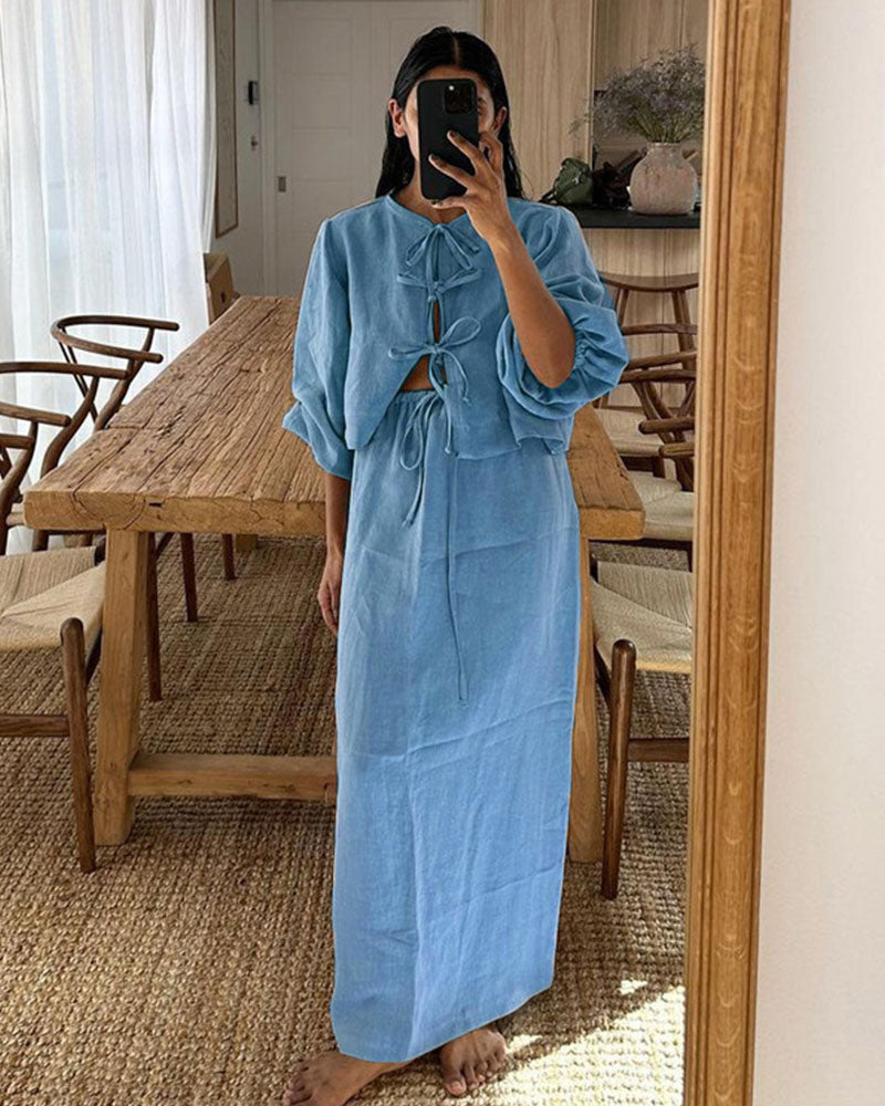 Retro puff sleeve two piece set