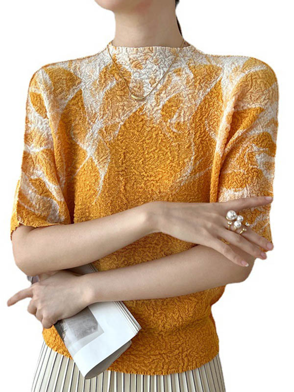Loose Short Sleeves Contrast Color Pleated Printed Mock Neck T-Shirts Tops