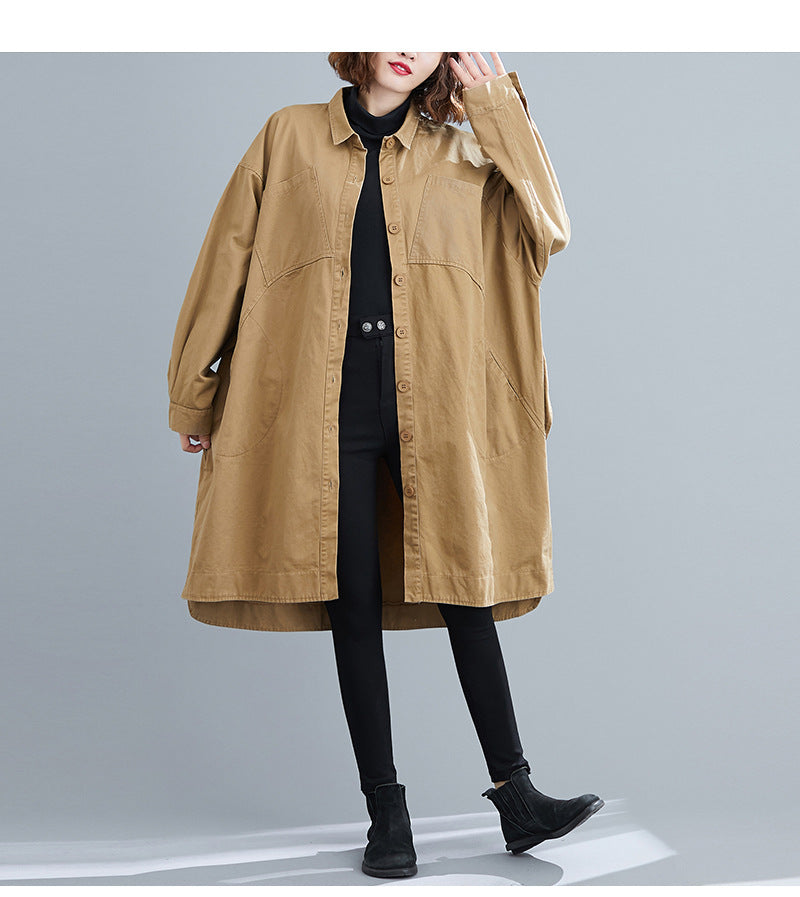 Literary Solid Color Lapel Long Sleeve Trench Coat