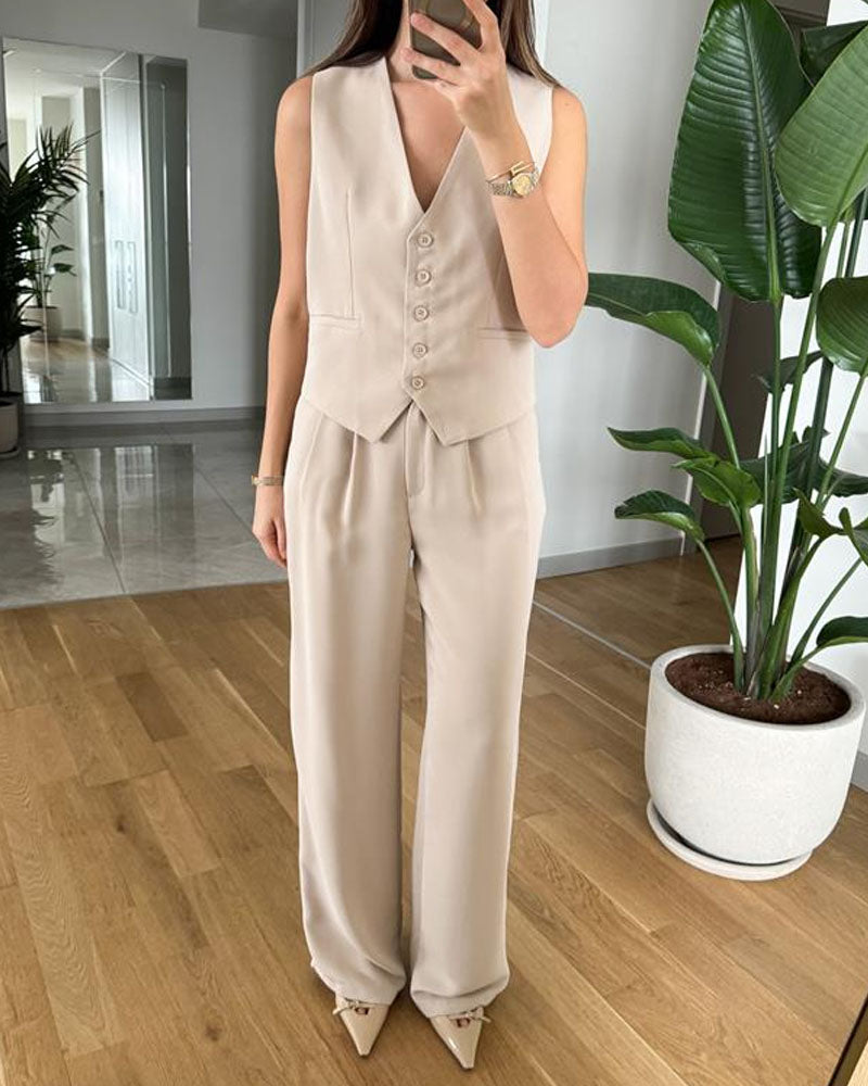 Fashion Solid Color V-neck Vest & Pants Two-piece Set