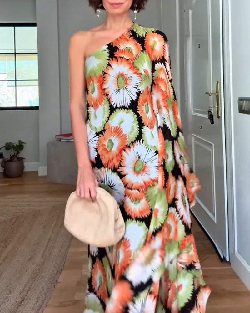 Elegant Slanted Shoulder Floral Dress