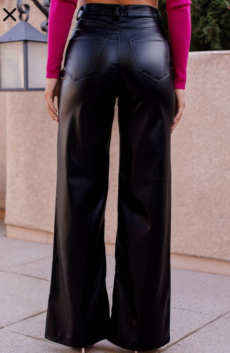 Women's leather pants high waist straight casual pants slimming retro trousers loose wide leg autumn and winter