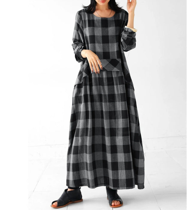 Vintage Plaid Long Sleeve Maxi Dress