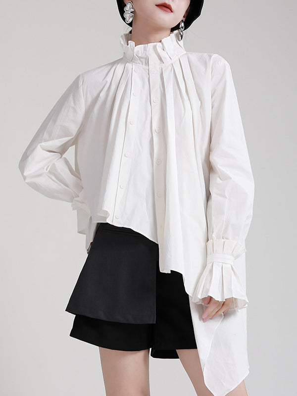 Irregular Solid Color Stand Collar Long Sleeve Shirt