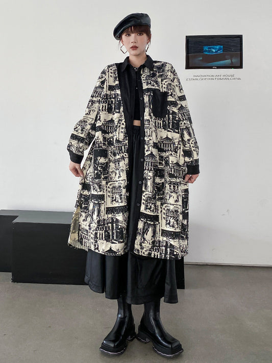 Vintage Print Lapel Windbreaker Coat