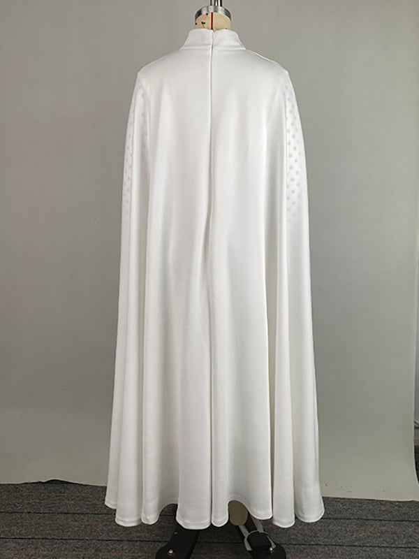 Capelet Long Sleeves Polka-Dot Split-Joint Mock Neck Midi Dresses