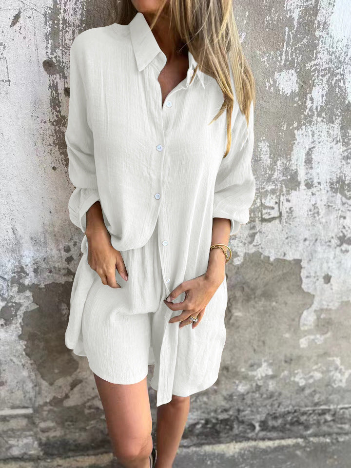 Casual Solid Color Shorts Long Sleeve Wrinkled Cloth Shirt Two-Piece Set