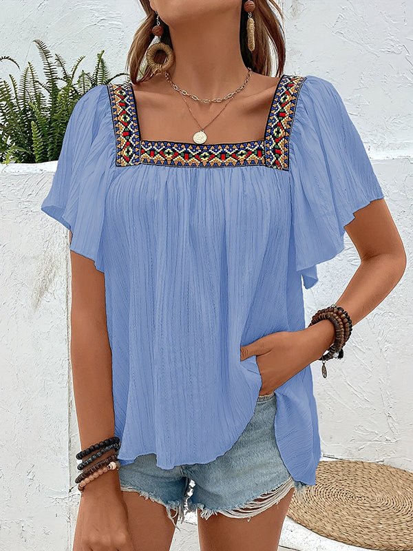 High-Low Loose Embroidered Pleated Square-Neck T-Shirts Tops