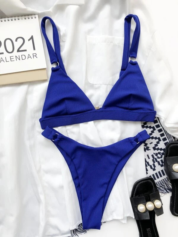 Solid Color Split High Waist Bikini Swimsuit