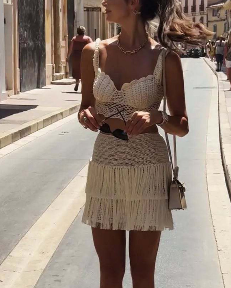 Fashion Cutout Suspenders & Tassle Skirt Two-Piece Set