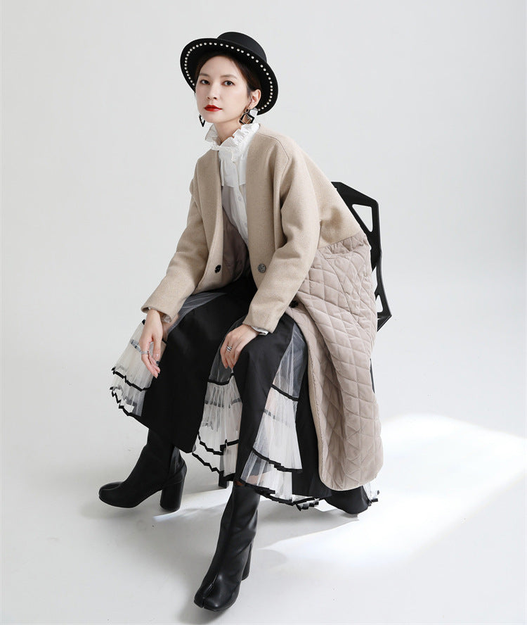 Niche Design Splicing V-Neck Cotton Coat
