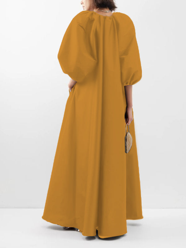 V-Neck Solid Color Puffy Sleeves Loose Maxi Dress