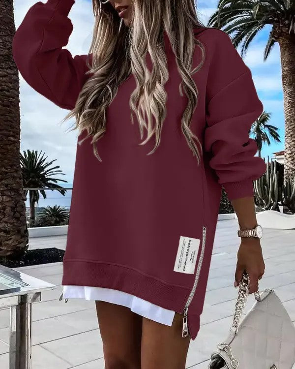 Oversized Zippered Side Slit Ribbed Sweatshirt Dress【Buy Two Free Shipping】