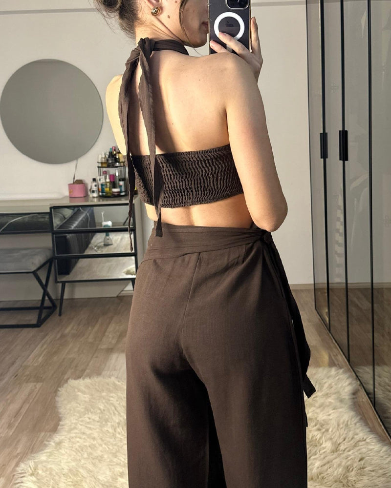 Fashion Lace-Up Top & Lace-Up Pants Two-Piece Set