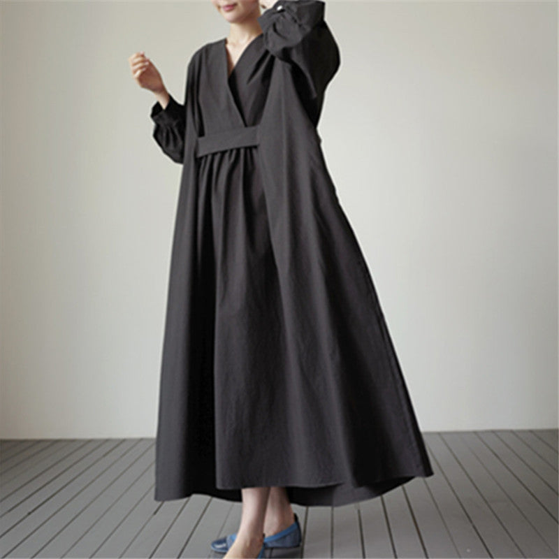 Loose Cross Neck Waist Pleats Long Sleeves Maxi Dress
