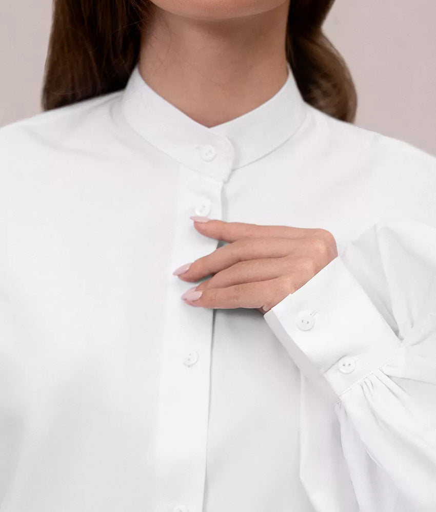 Minimalist Solid Color Lantern Sleeve Lapel Shirt
