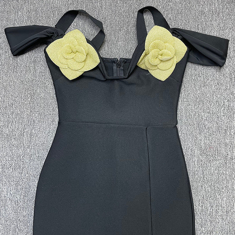 New bandage women's sexy low-cut three-dimensional flower elegant dress black gloves bandage one-piece dress