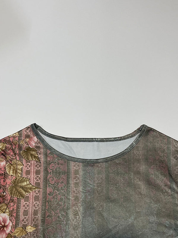 A-line Long Sleeves Flower Print Pleated Split-Joint Round-neck Mini Dresses