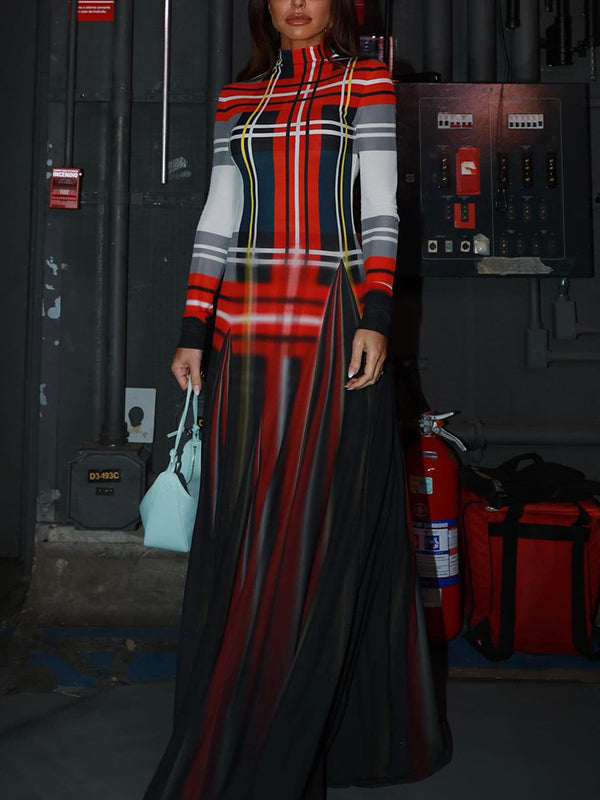 Long Sleeves Contrast Color Pleated Mock Neck Maxi Dresses