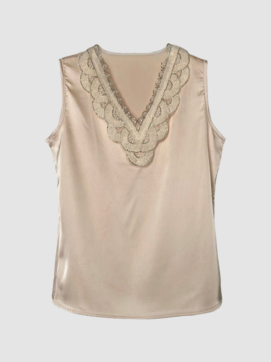 Loose Plus Size Beaded Split-Joint V-Neck Vest Top
