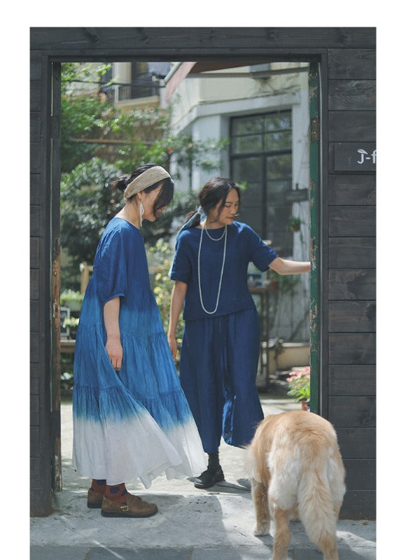 Literary Vintage Tie-Dye Gradual Loose Light Mulberry Silk Midi Dress