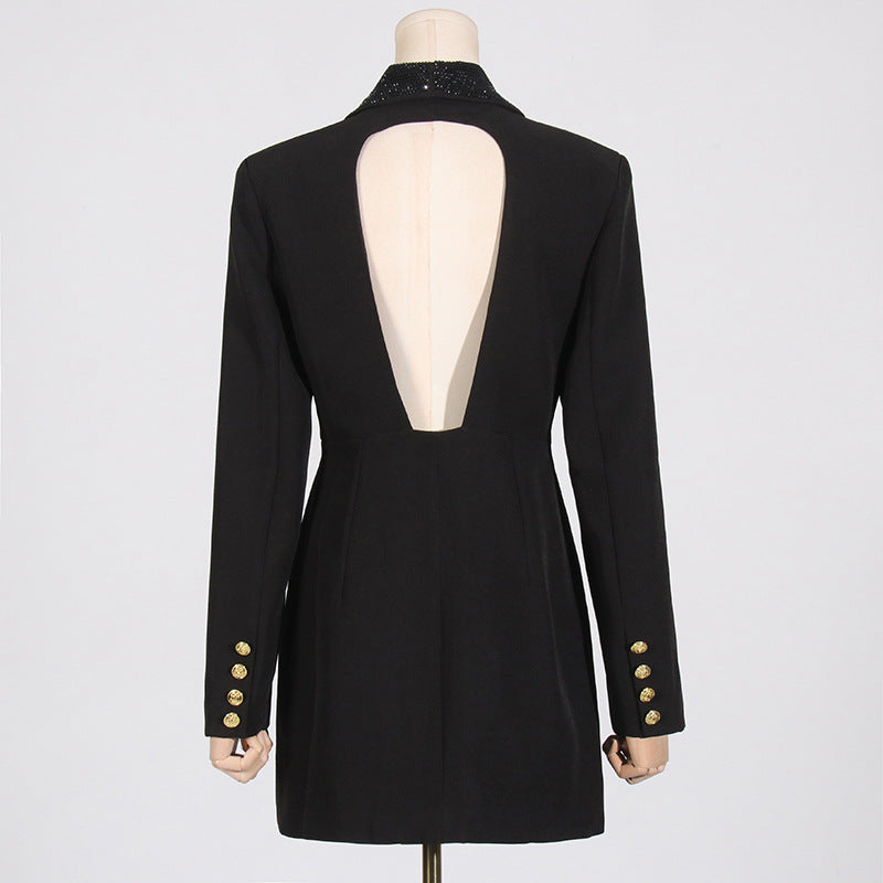 Spring And Summer 2024 Deep V Collar Heavy Industry Nail Bead Stitching Design Sense Backless Women'S Suit Jacket