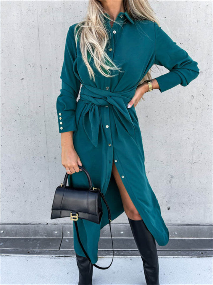 Women's New Fall and Winter Long Dress Solid Color Cardigan Long-sleeved Swing Dresses