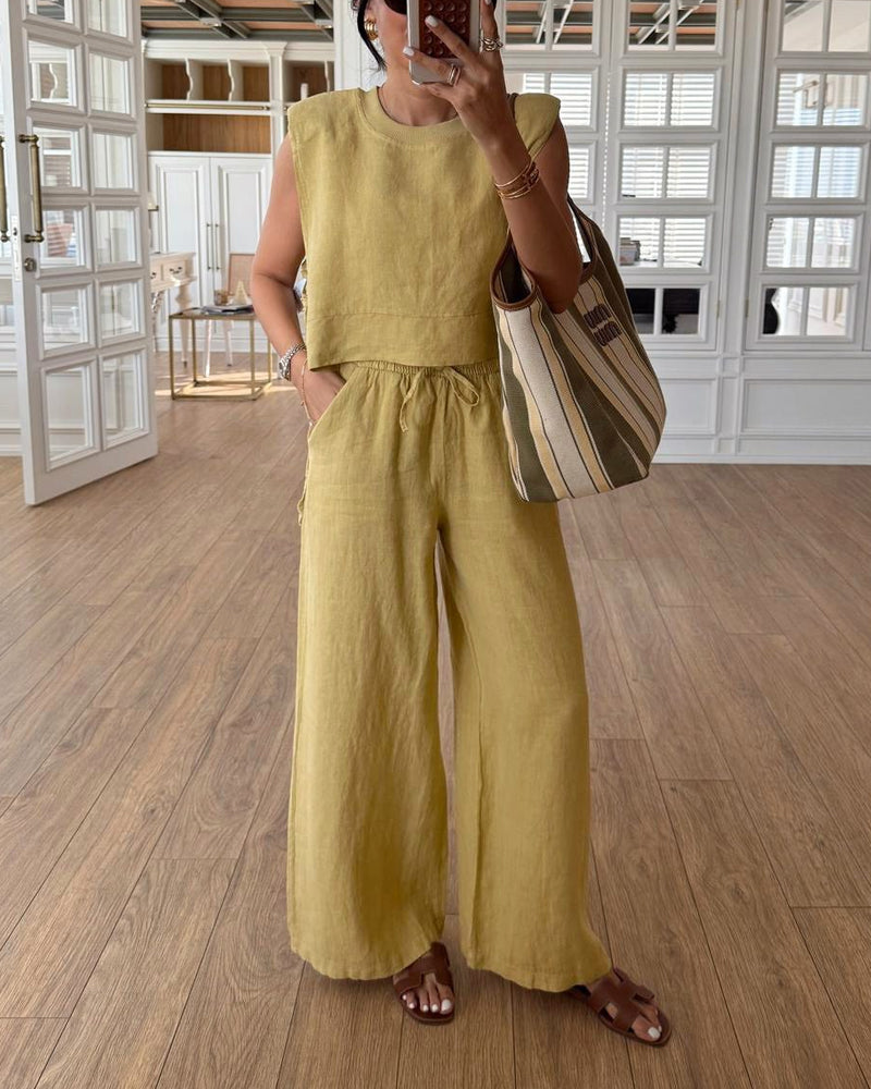 Casual Round Neck Lace-Up Sleeveless Top & Pants Two-Piece Set