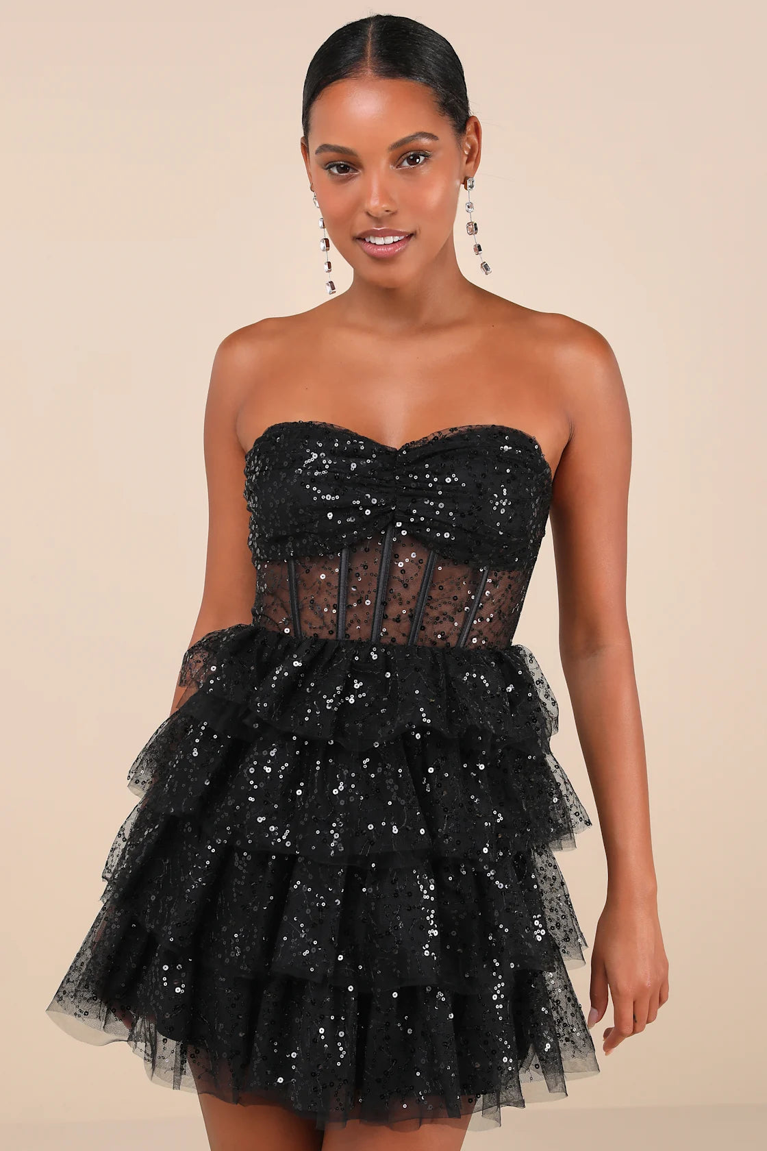 Women Sexy Black Sequin Dress Tiered Mini Sheer Bustier Dress