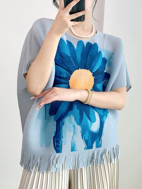 Batwing Sleeves Loose Flower Print Pleated Tasseled Round-Neck T-Shirts Tops
