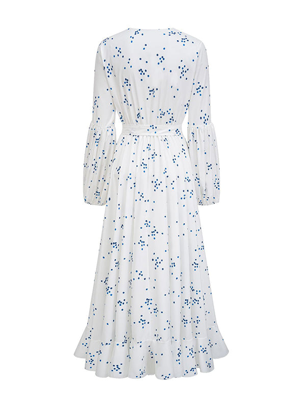 High Waisted High-Low Pleated Polka-Dot Tied Waist V-Neck Maxi Dresses