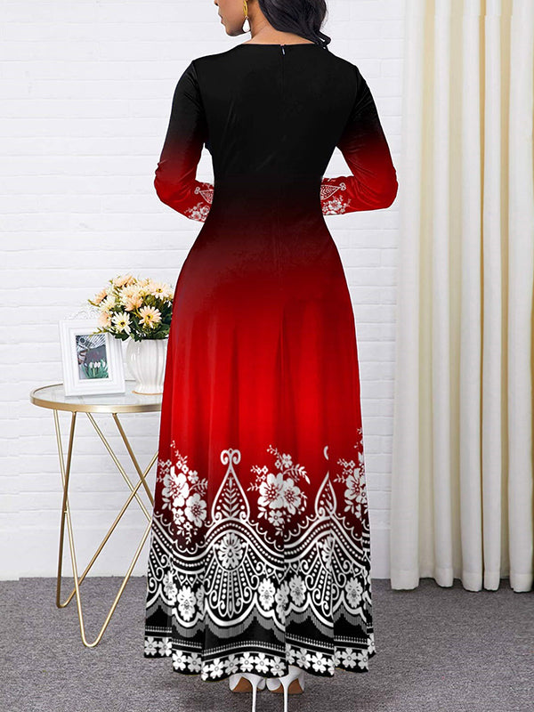 Long Sleeves Contrast Color Floral Printed Round-neck Maxi Dresses