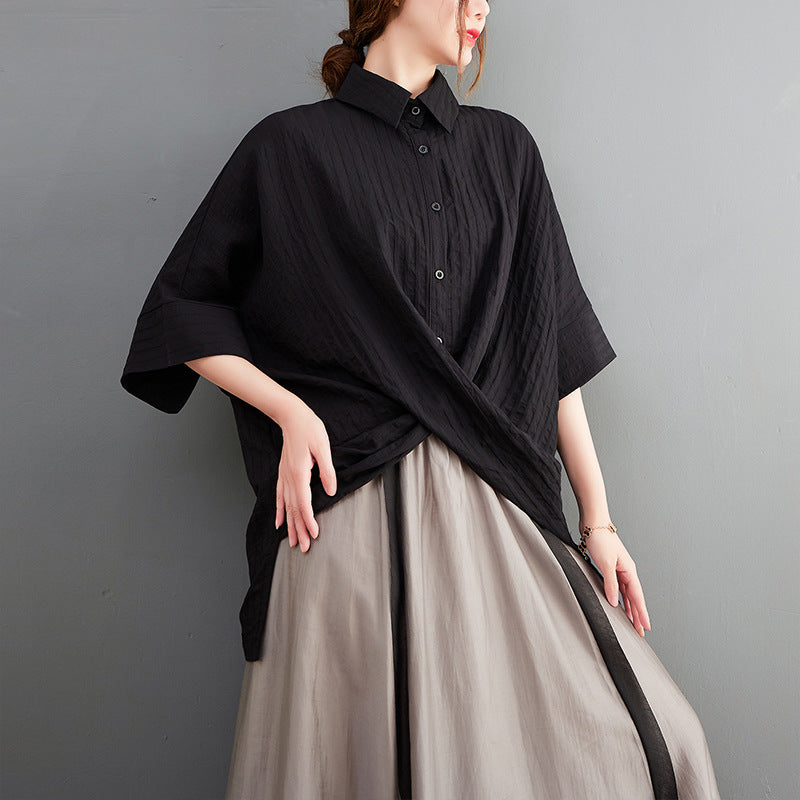 Loose Vertical Stripe Short Sleeve Shirt