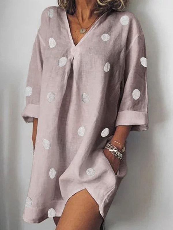 Loose Three-quarter Sleeves Pockets Polka-Dot V-neck Mini Dresses