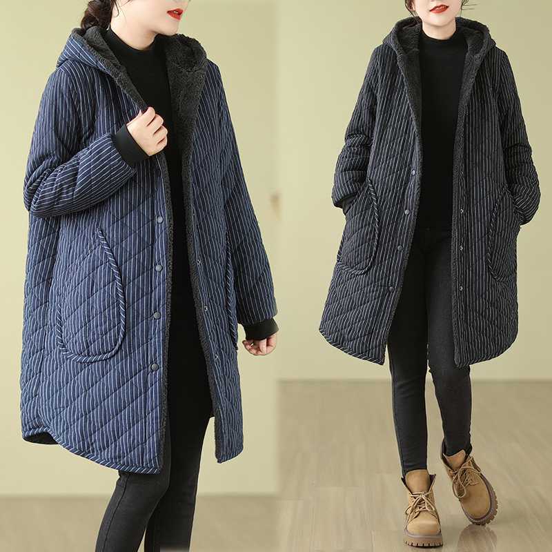 Vintage Warm Thickened Striped Hooded Coat
