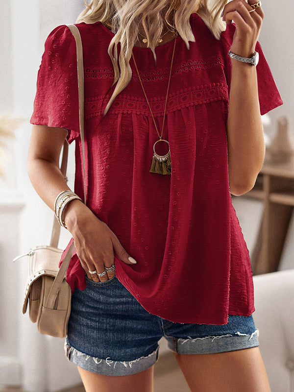 Loose Short Sleeves Hollow Jacquard Pleated Solid Color Split-Joint Round-Neck T-Shirts Tops