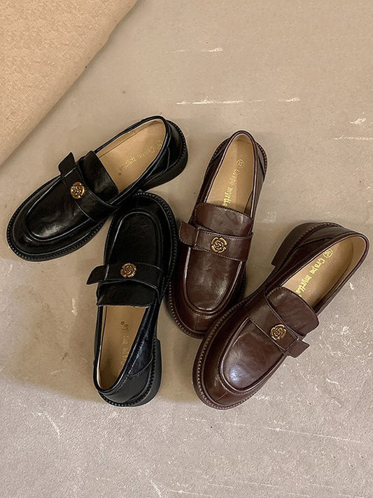 Belt Buckle Round-Toe Split-Joint Loafers