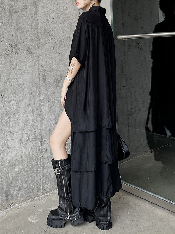Cool Black Irregular Hem Short Sleeve Shirt Dress