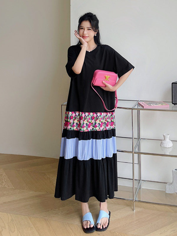 Literary Colorblocking Short Sleeve Midi Dress