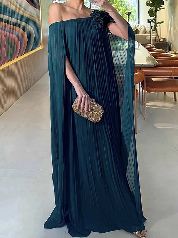 Loose Gauze Pleated Solid Color Tiered Off-The-Shoulder Evening Dresses Maxi Dresses