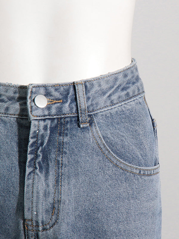 High Waisted Loose Belt Buckle Split-Joint Jean Pants Bottoms