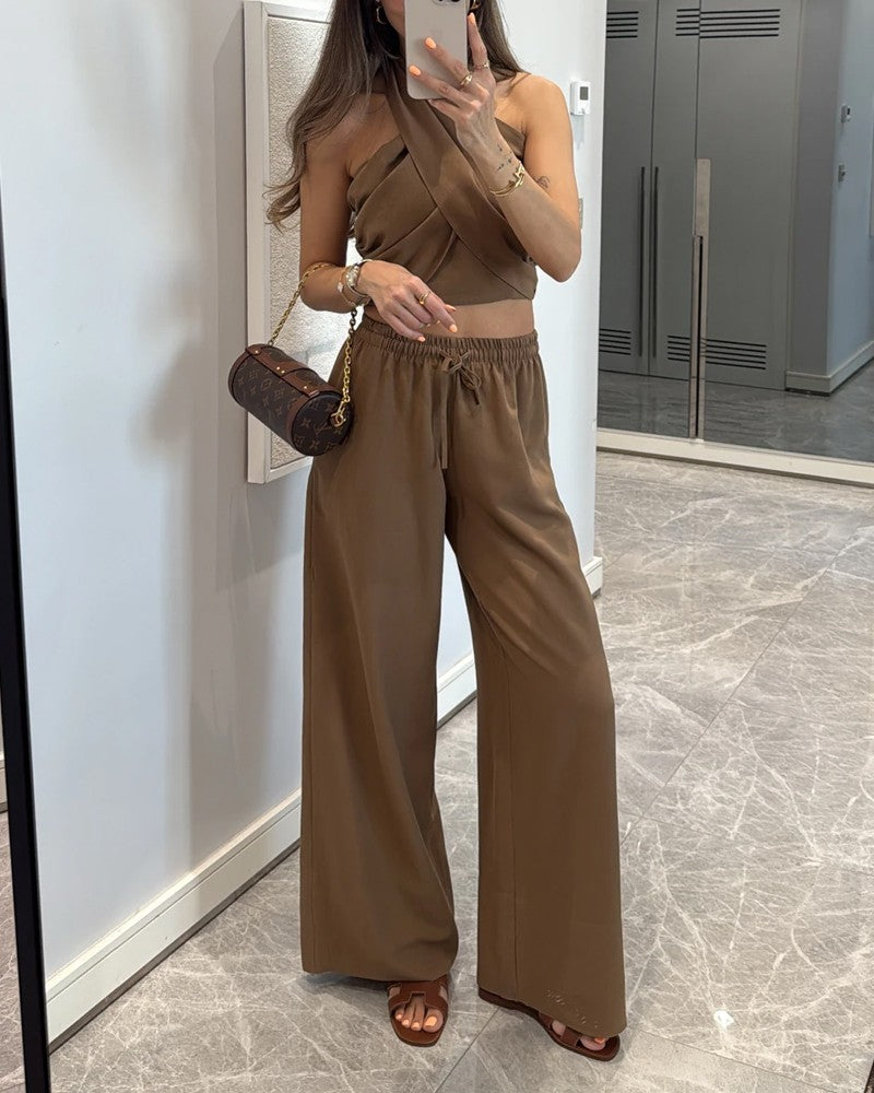 Casual Solid Color Lace-Up Top & Pants Two-Piece Set