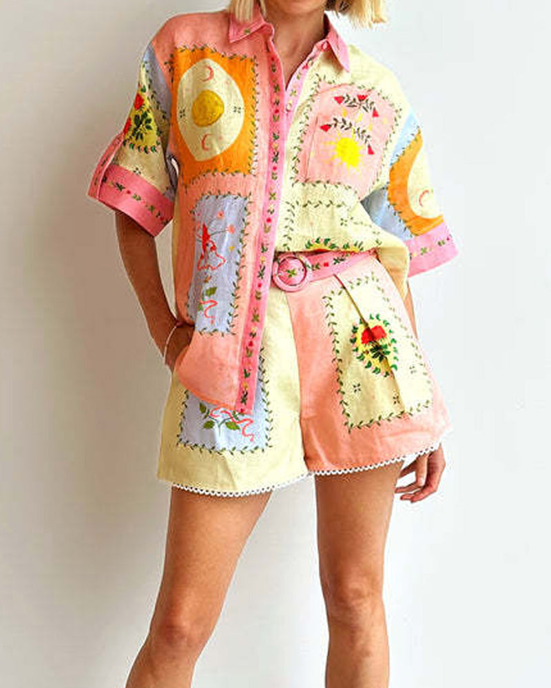 Casual Print Shirt Shorts Set