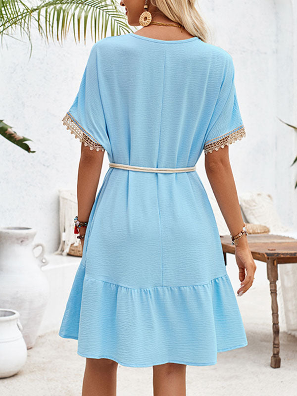 Short Sleeves Belted Split-Joint V-neck Mini Dresses