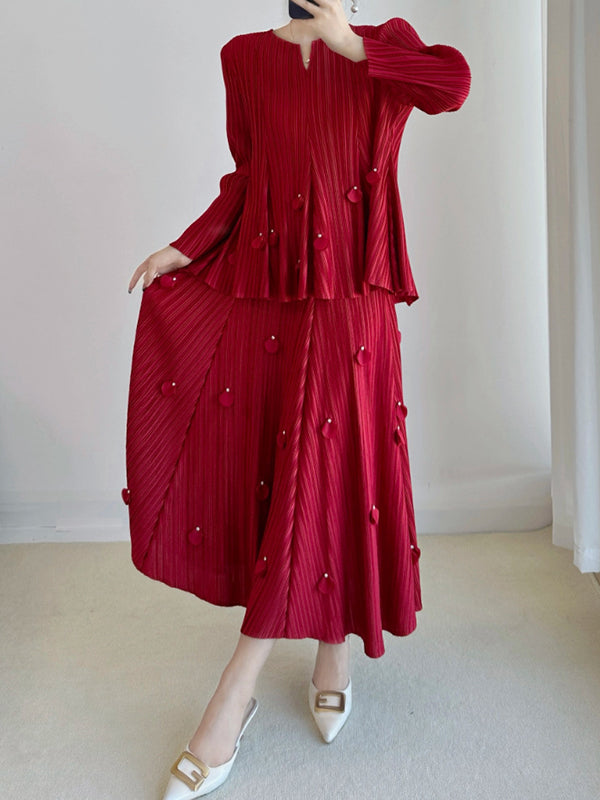 Long Sleeves Loose Pleated Solid Color Three-Dimensional Flower V-Neck T-Shirt Top + Skirt Bottom Two Pieces Set