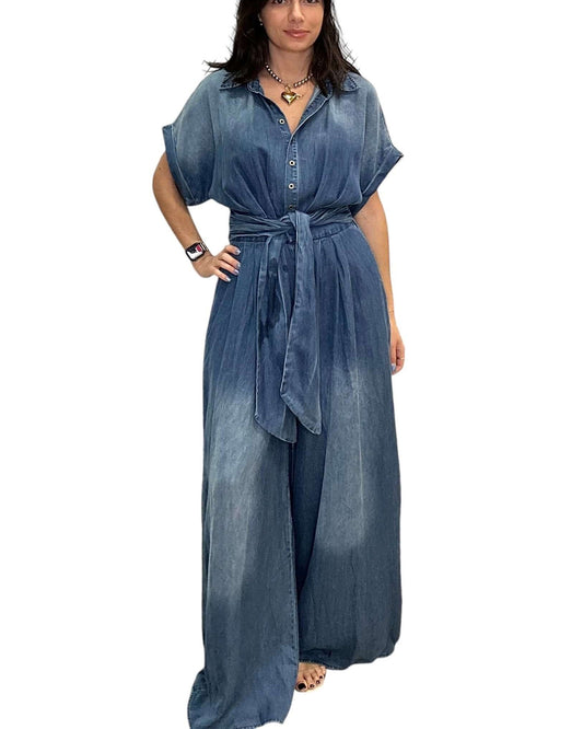 Casual Bat-Sleeve Tie-Waist Denim Wide-Leg Jumpsuit (Buy 2 Free Shipping)