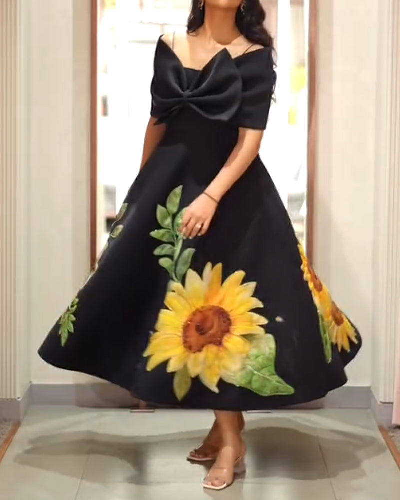 Elegant Sunflower Shoulder Two Wear Method Dress