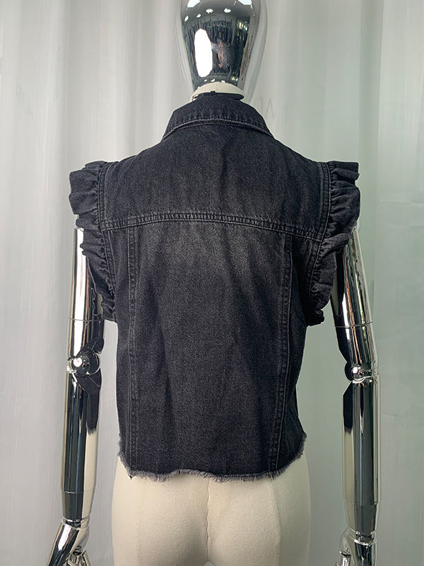 Loose Ruffle Sleeves Buttoned Fringed Pockets Split-Joint Lapel Vest Outerwear