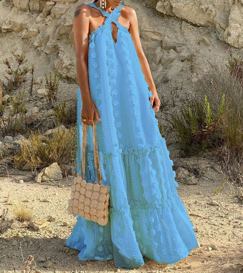 Fashion Hanging Neck Decorative Flowers Mopping Cake Dress